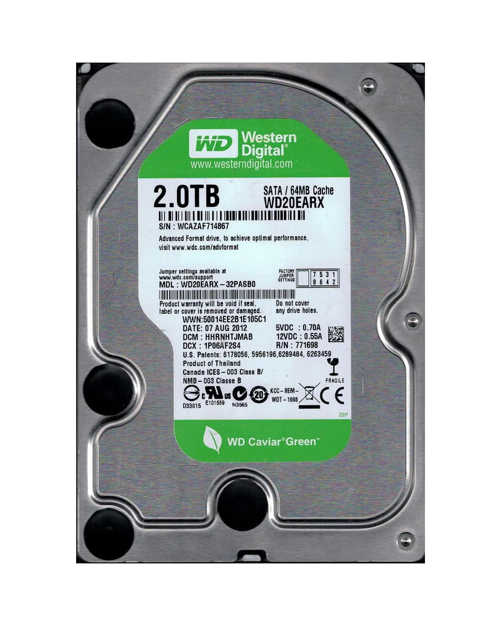 Western Digital WD20EARX-32PASB0 Caviar Green 2TB 3.5” Internal Hard Drive