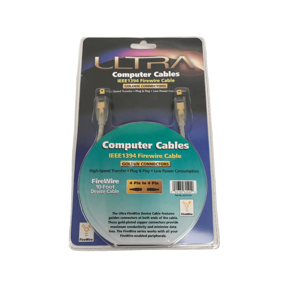 Ultra ULT31524 Golden Connectors IEEE1394 400Mbps Firewire Cable 10ft 4Pin to 4Pin