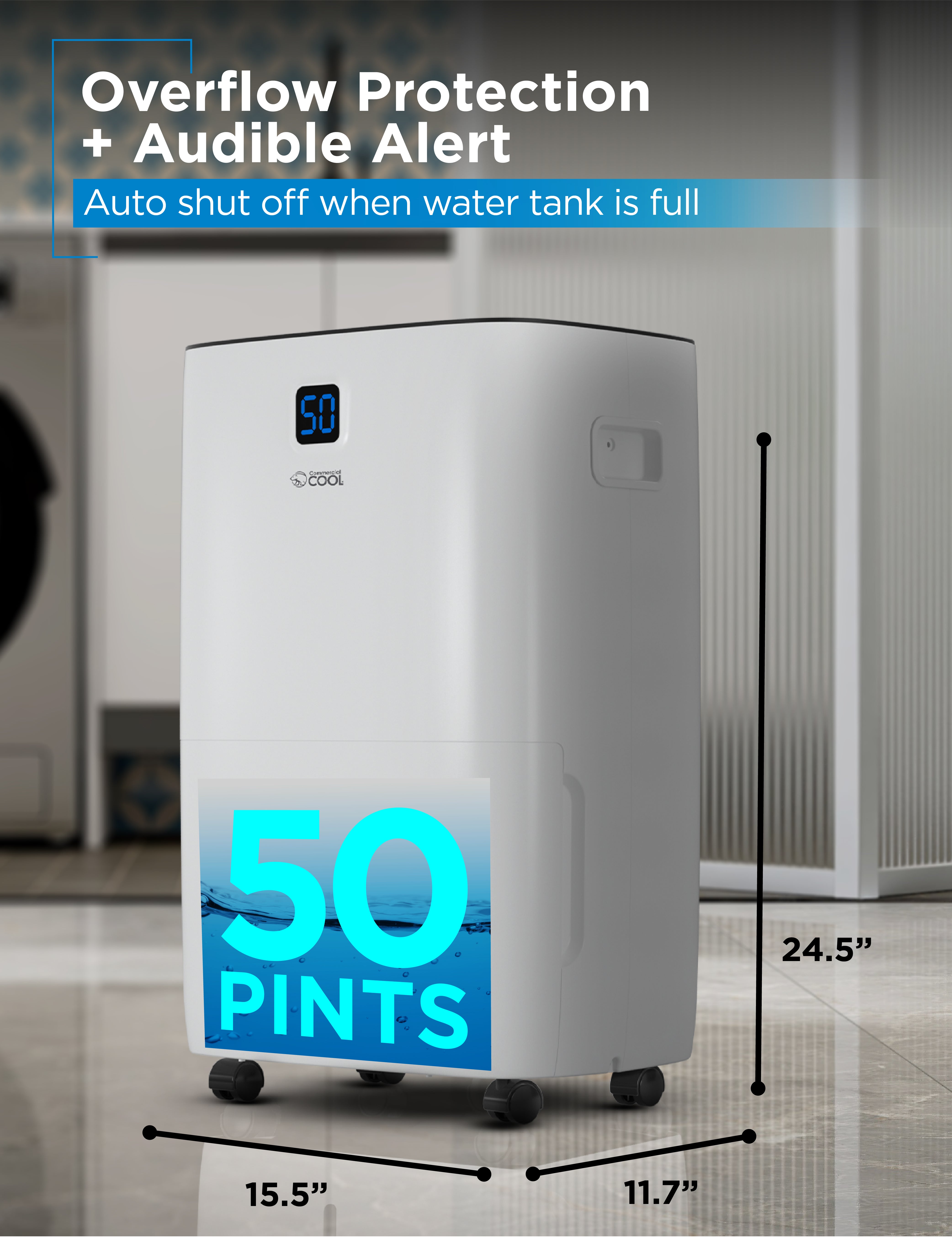 COMMERCIAL COOL CCD50PJW 50 Pint 4500 Sq. Ft. Dehumidifier with Pump & Adjustable Humidistat