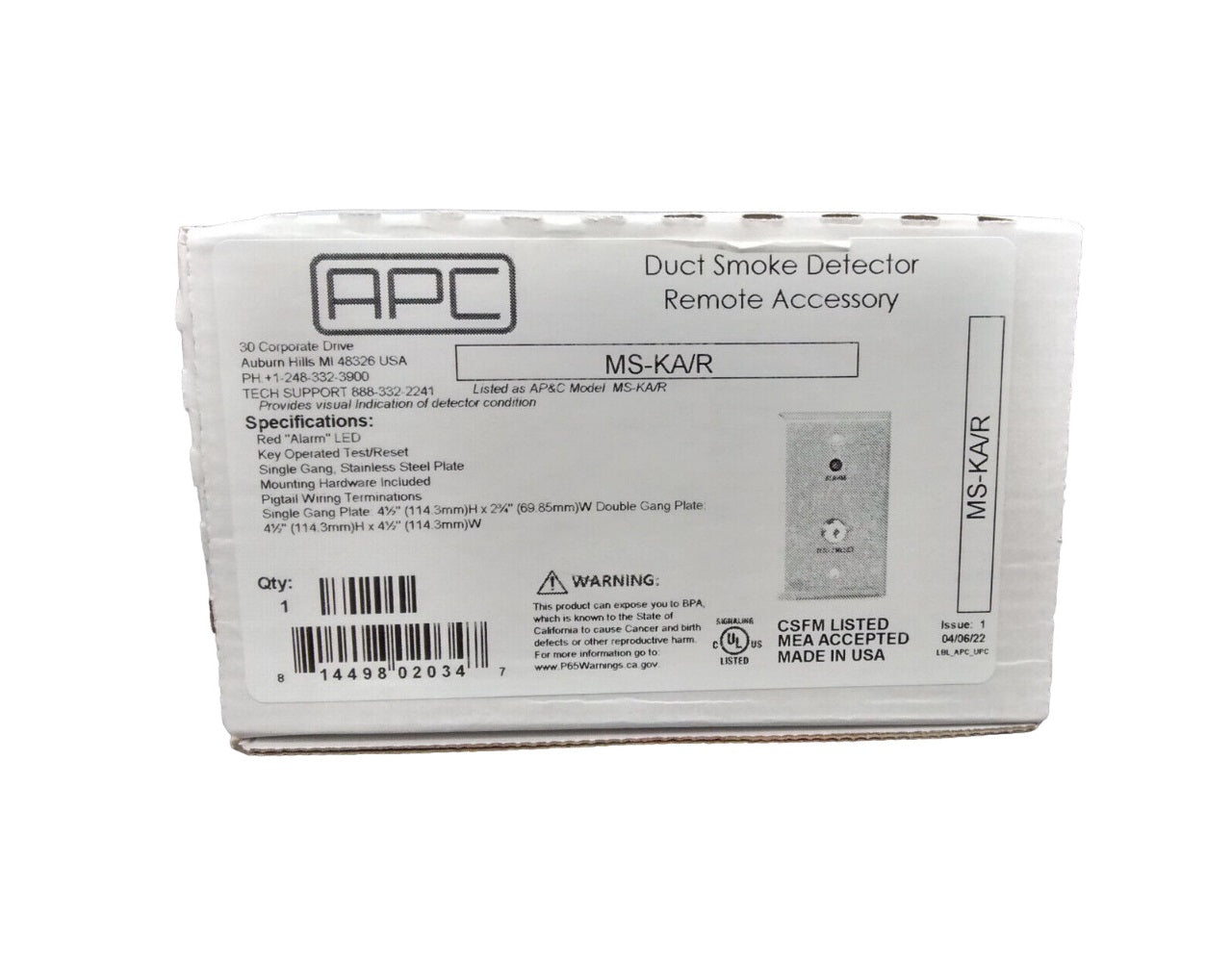 Air Products & Controls MS-KA/R Remote Alarm w/ Red LED & Key Operated Test/Reset