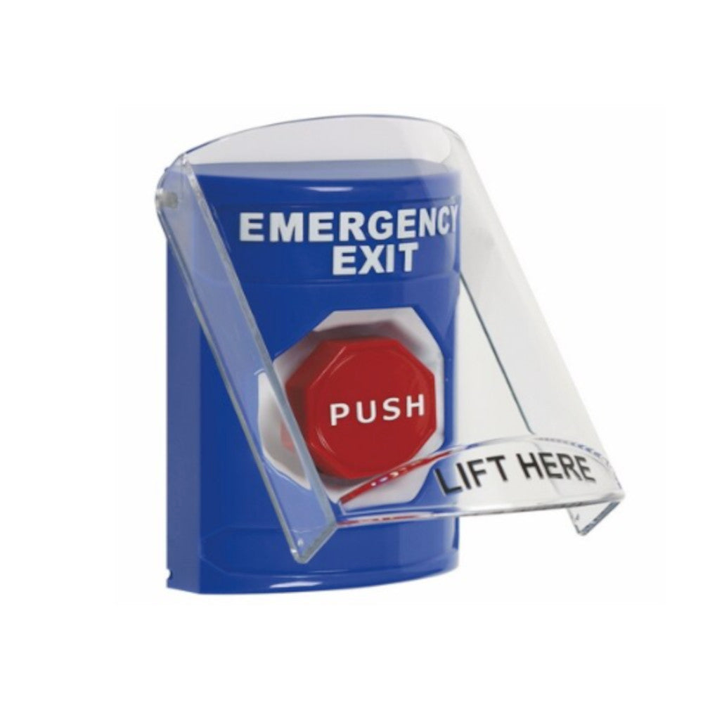 STI SS2428EX-EN Indoor Only Flush or Surface Pneumatic, Illuminated, Stopper Station with EMERGENCY EXIT, Blue